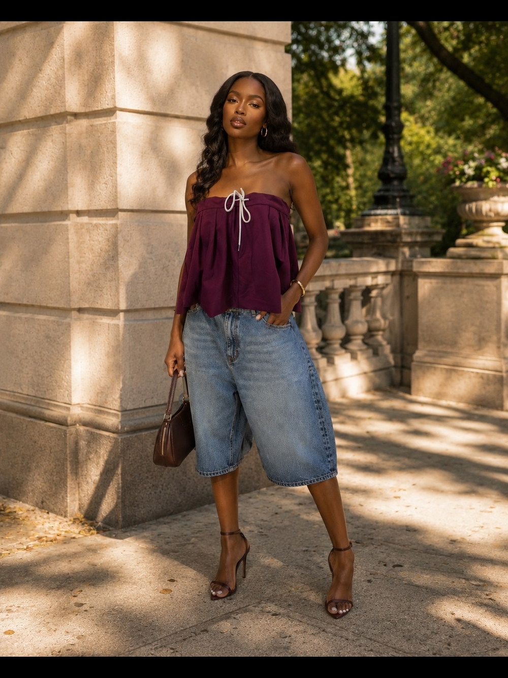 Strapless Plum Peplum Top with Tie Detail